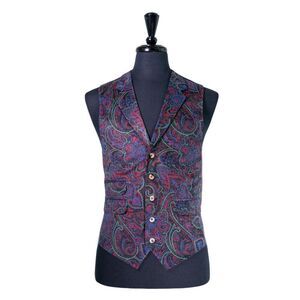 Mens Velvet Vest 42R Blue Pink Green Paisley Waistcoat Formal Wedding Prom Party